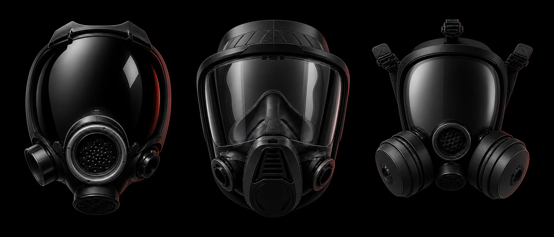 Moderne schwarze 3D-Technikdarstellungen der Masken MSA Advantage 1000, MSA Advantage 3000 und Parcil PD-100