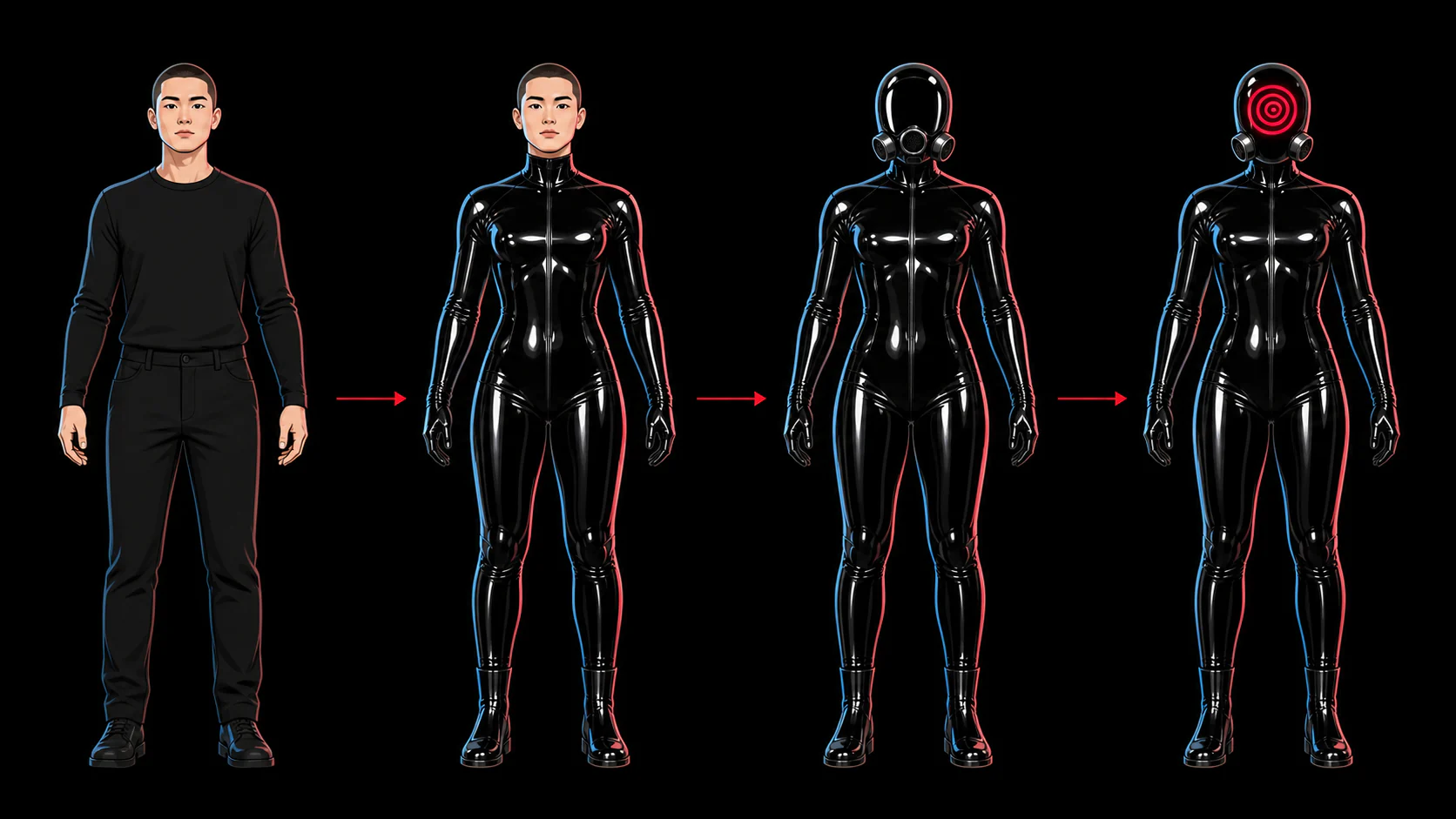 Vier illustrierte Phasen der Verwandlung in eine Latexdrohne, zuletzt mit Hypnose-Symbol auf der Maske