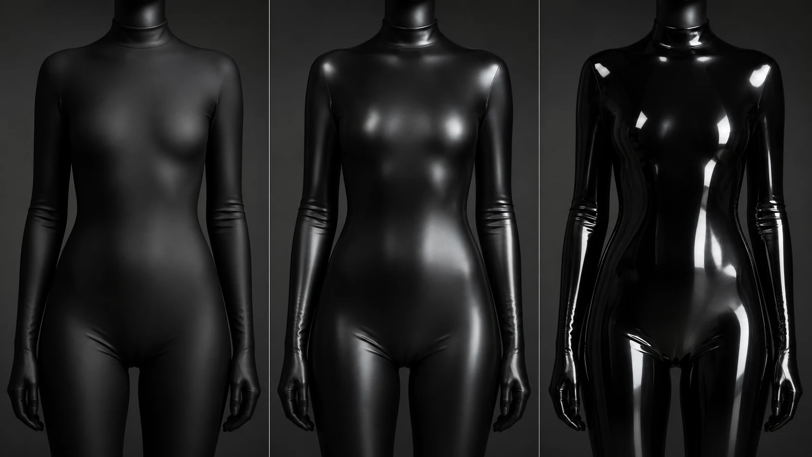 Derselbe schwarze Latex-Catsuit im Vergleich: matt, seidig glänzend und hochglänzend