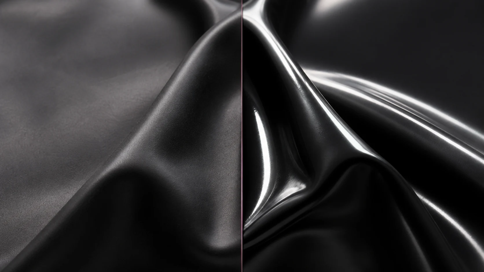 Schwarzes Latex im direkten Vergleich: links trocken und matt, rechts mit Silikonpflege und klaren Glanzreflexen